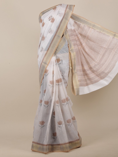 

Pothys White & Gold Toned Cotton Blend Floral Printed Saree