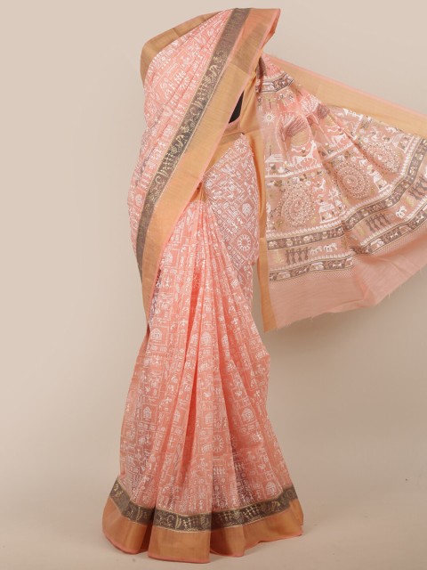 

Pothys Women Pink & White Cotton Blend Warli Printed Saree
