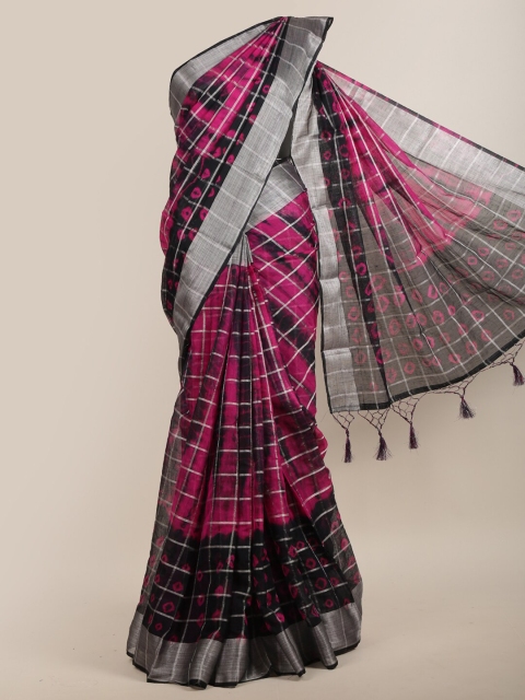 

Pothys Women Magenta & Black Jute Silk Checked Saree