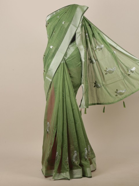 

Pothys Green & Silver Ethnic Motifs Embroidered Zari Saree