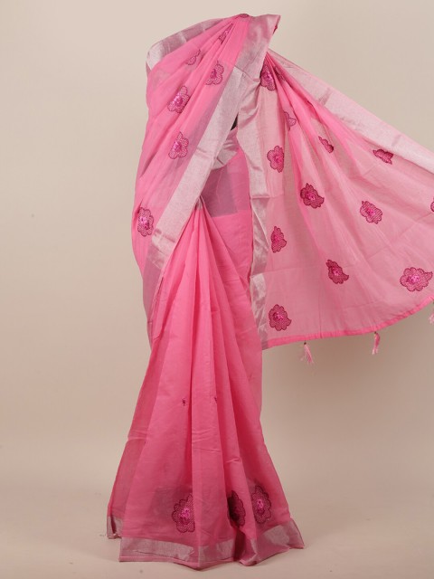 

Pothys Pink & Silver Floral Embroidered Zari Saree