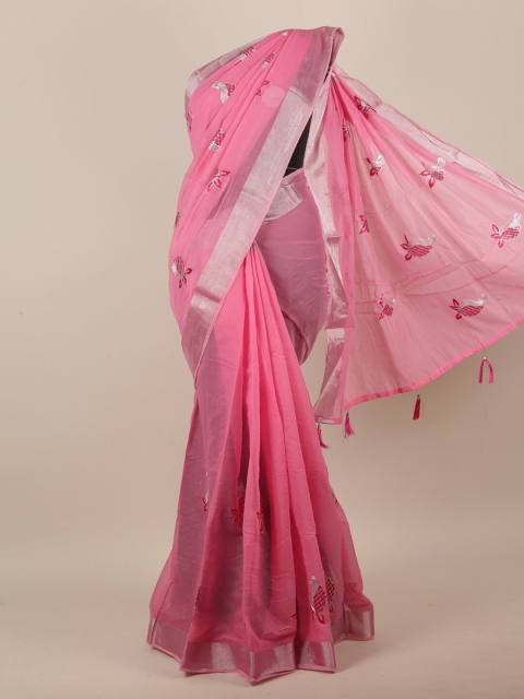 

Pothys Pink & Silver Floral Embroidered Zari Saree