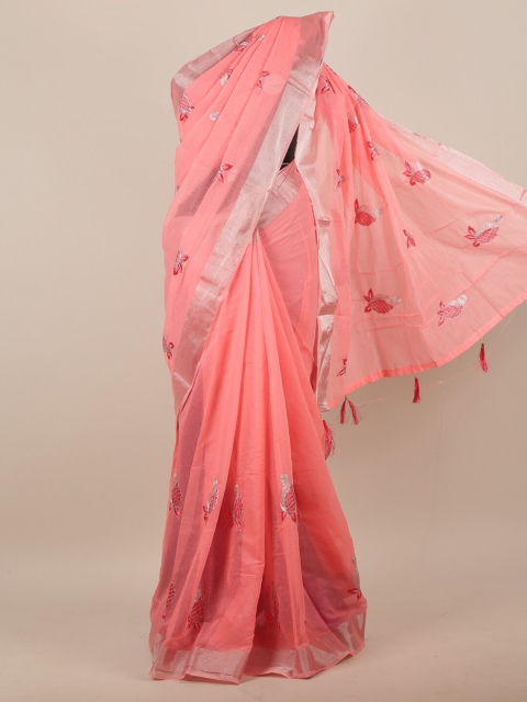 

Pothys Pink & Silver Ethnic Motifs Embroidered Zari Saree