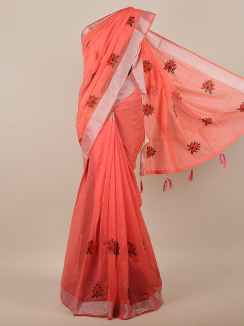 

Pothys Orange & Green Floral Embroidered Zari Saree