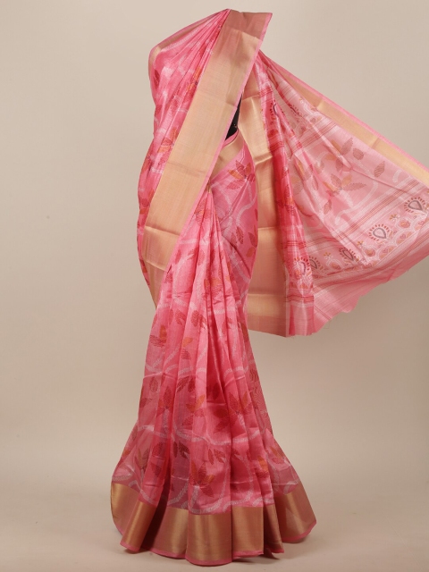 

Pothys Pink & White Ethnic Motifs Zari Saree