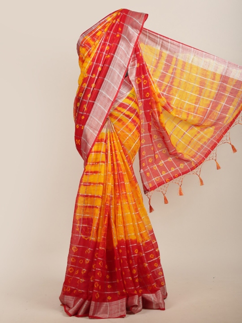 

Pothys Yellow & Red Checked Zari Jute Silk Saree