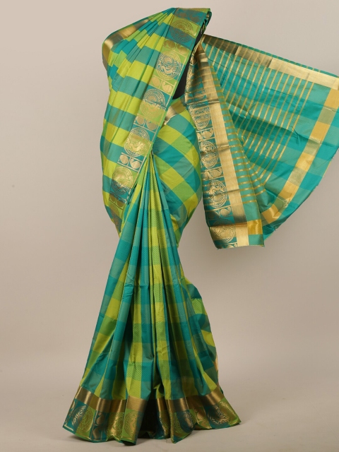 

Pothys Sea Green & Gold Checked Zari Jute Silk Saree