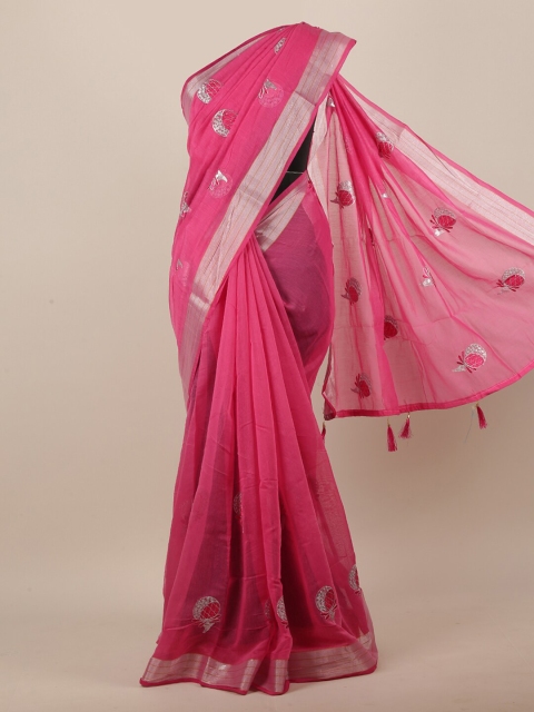 

Pothys Pink & Silver Ethnic Motifs Zari Saree