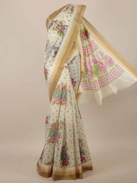 

Pothys Cream-Coloured & Pink Ethnic Motifs Printed Zari Saree
