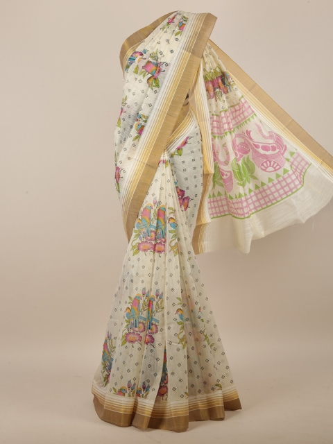 

Pothys Cream-Coloured & Green Ethnic Motifs Zari Saree