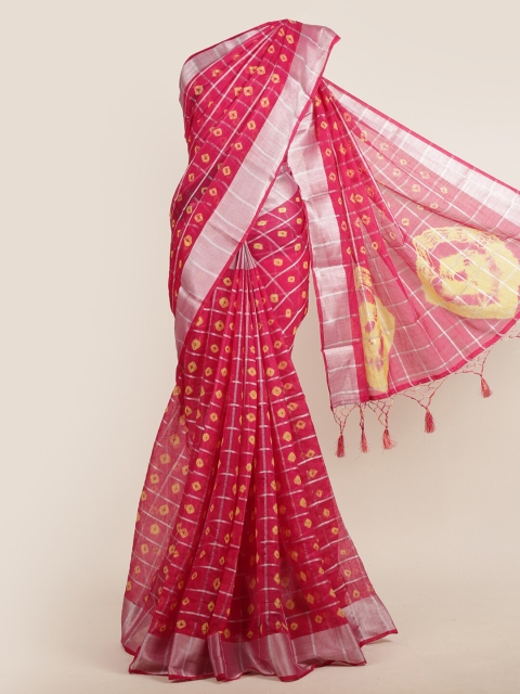 

Pothys Pink & Yellow Checked Zari Jute Silk Saree
