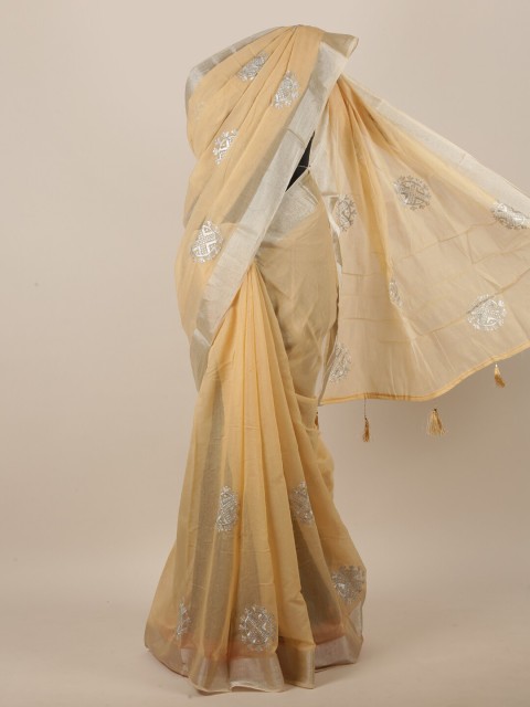

Pothys Cream-Coloured & Silver Ethnic Motifs Embroidered Saree
