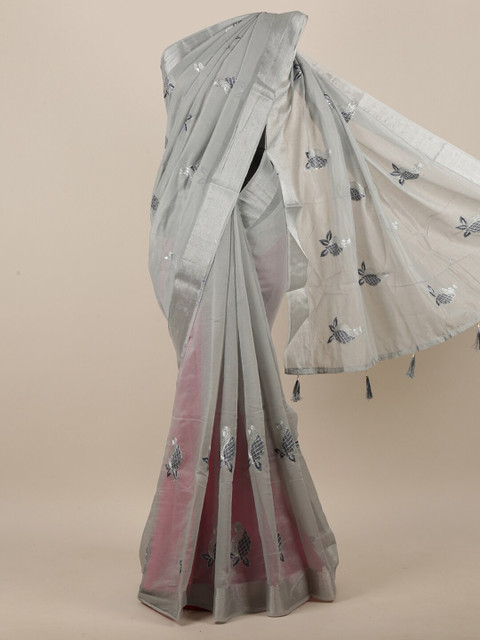 

Pothys Grey & Silver Ethnic Motifs Embroidered Zari Saree