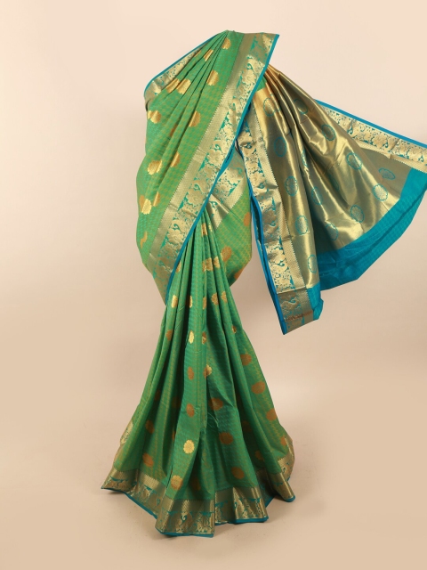 

Pothys Women Green & Blue Ethnic Motifs Woven Designed Saree