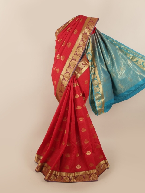 

Pothys Red & Turquoise Blue Ethnic Motifs Zari Silk Blend Saree