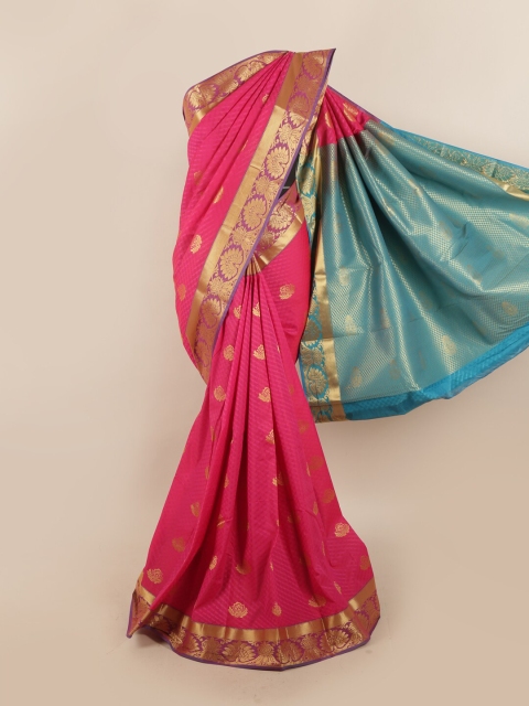 

Pothys Women Pink & Blue Ethnic Motifs Woven Designed Saree