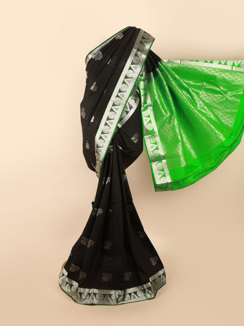 

Pothys Black & Green Ethnic Motifs Silk Blend Saree