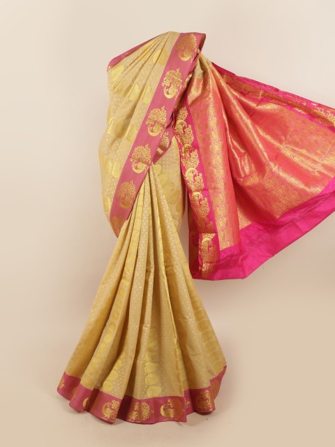 

Pothys Cream-Coloured & Pink Ethnic Motifs Zari Silk Blend Saree