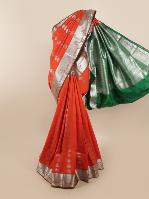 

Pothys Women Orange & Green Ethnic Motifs Woven Designed Saree