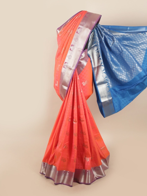 

Pothys Women Peach-Coloured & Blue Ethnic Motifs Woven Designed Saree