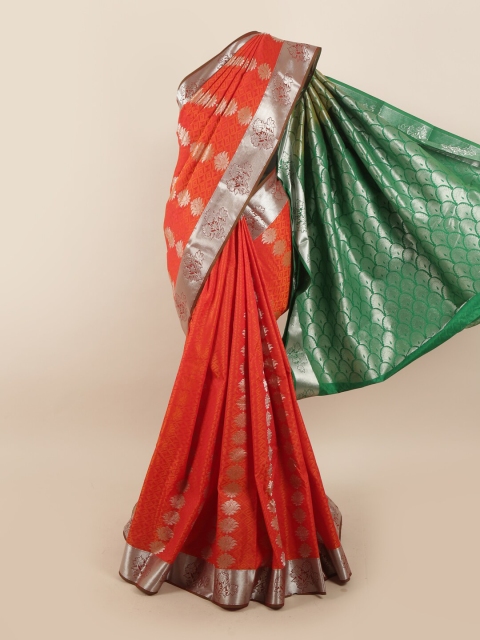 

Pothys Women Orange & Green Ethnic Motifs Woven Designed Saree