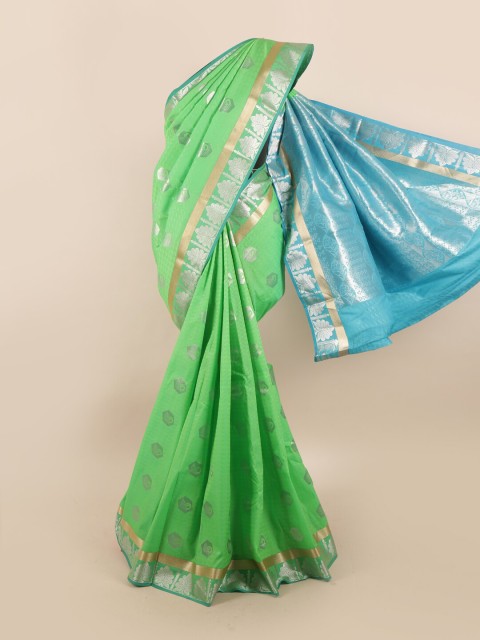 

Pothys Green & Silver-Toned Ethnic Motifs Zari Silk Blend Saree
