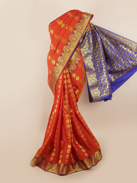 

Pothys Women Orange & Blue Ethnic Motifs Woven Designed Saree
