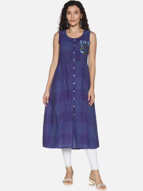 

Saffron Threads Women Blue Geometric Checked Thread Work Kurta