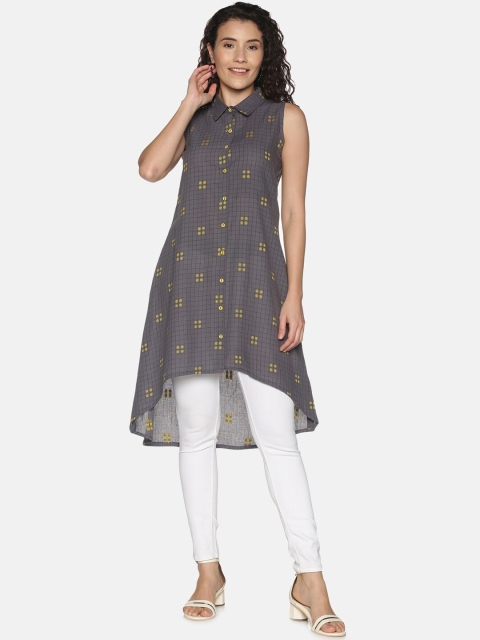

Saffron Threads Women Grey Checked High Low Kurta
