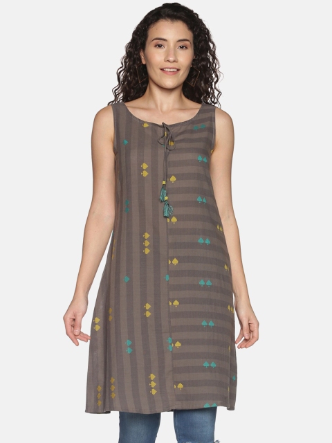 

Saffron Threads Women Grey Geometric Striped Thread Work Kurta