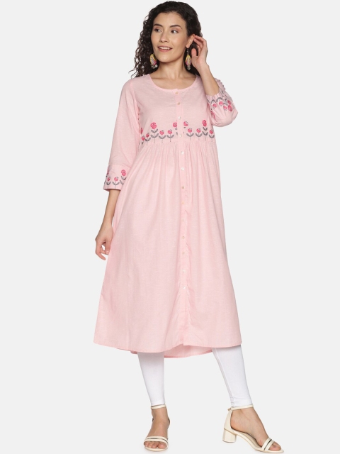 

Saffron Threads Women Pink Yoke Design Thread Work Kurta