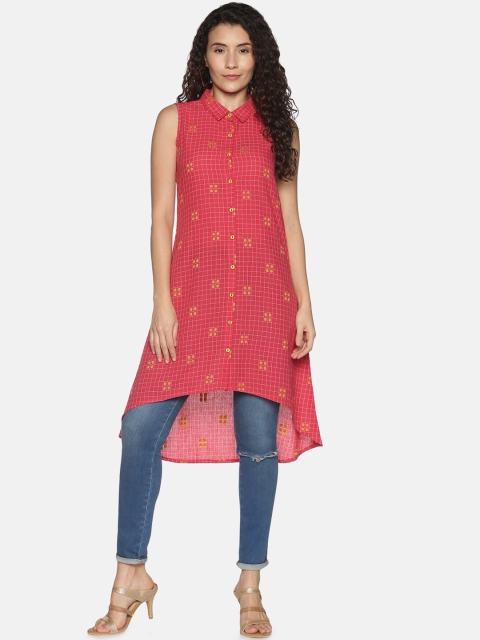 

Saffron Threads Women Pink Checked Dobby Kurta
