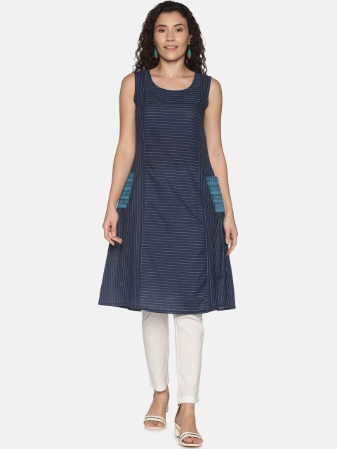 

Saffron Threads Women Navy Blue Striped Thread Work Kurta