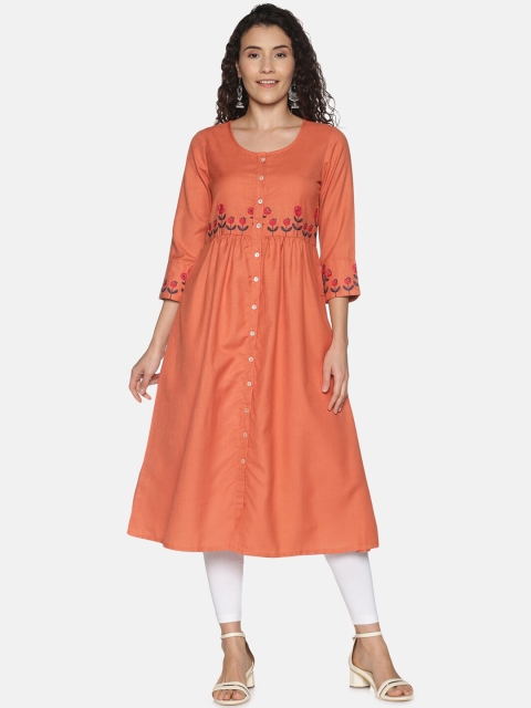 

Saffron Threads Women Orange Floral Thread Work A-line Kurta
