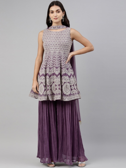 

Neerus Women Lavender Printed Angrakha Silk Georgette Kurti with Sharara