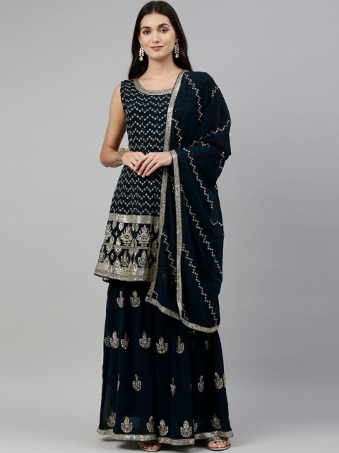 

Neerus Women Blue Embroidered Regular Sequinned Silk Georgette Kurta with Sharara & With Dupatta