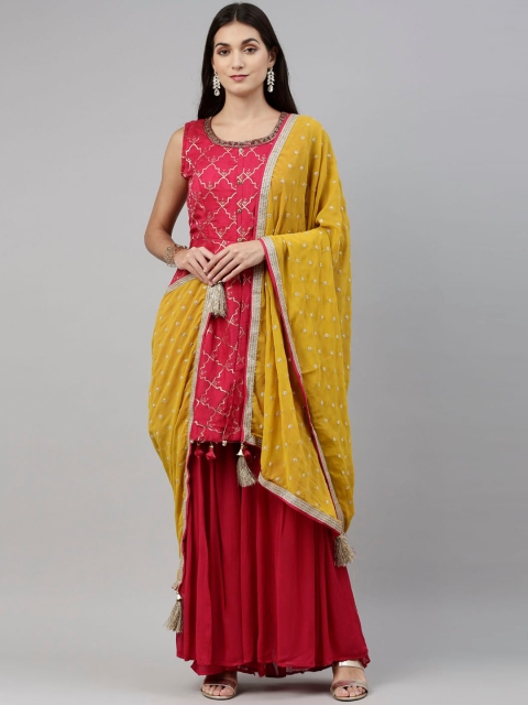 

Neerus Women Magenta Printed Sequinned Pure Silk Kurta with Sharara & Dupatta