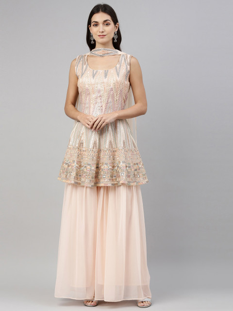 

Neerus Women Peach-Coloured Embroidered Silk Georgette Kurta with Sharara & Dupatta