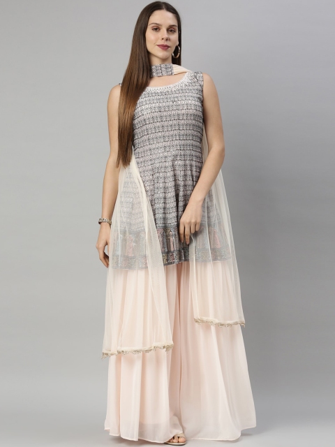 

Neerus Women Peach-Coloured Embroidered Silk Georgette Kurta with Sharara & Dupatta