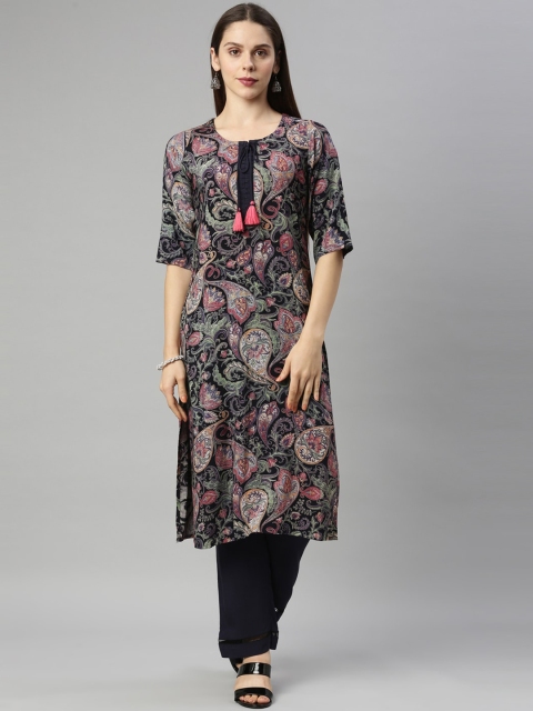 

Neerus Women Navy Blue Ethnic Motifs Printed Regular Kurta with Trousers