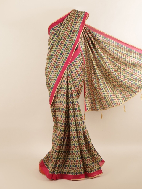 

Pothys Cream-Coloured & Pink Cotton Blend Geometric Printed Saree