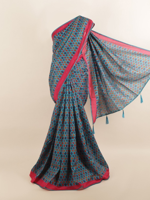 

Pothys Blue & Pink Cotton Blend Geometric Printed Saree