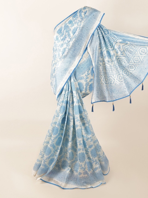 

Pothys Off White & Blue Cotton Blend Floral Printed & Embellishment Saree