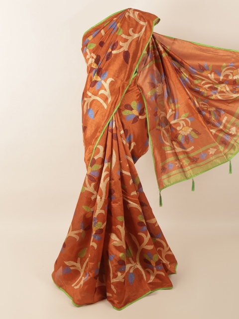 

Pothys Rust & Green Floral Beads and Stones Saree