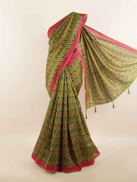 

Pothys Women Green & Pink Cotton Blend Geometric Printed Saree