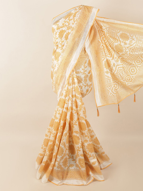 

Pothys Off White & Yellow Floral Printed Beads & Stones Saree