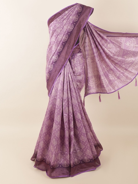 

Pothys Women Lavender Cotton Blend Ethnic Motifs Printed & Embellished Saree