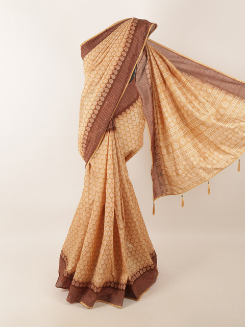 

Pothys Brown & Cream-Coloured Cotton Blend Ethnic Motifs Printed& Embellished Saree