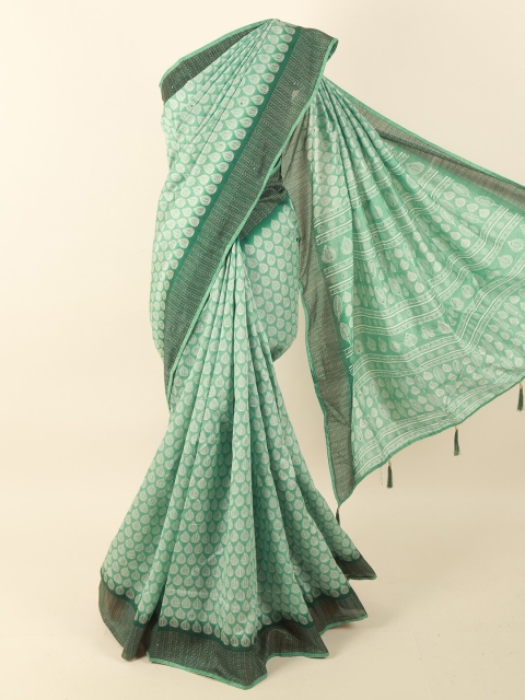 

Pothys Green Cotton Blend Ethnic Motifs Printed & Embellished Saree