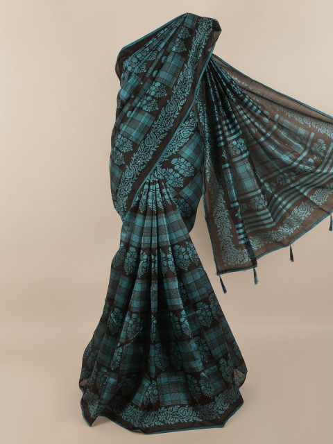 

Pothys Blue & Black Cotton Blend Floral Printed Saree